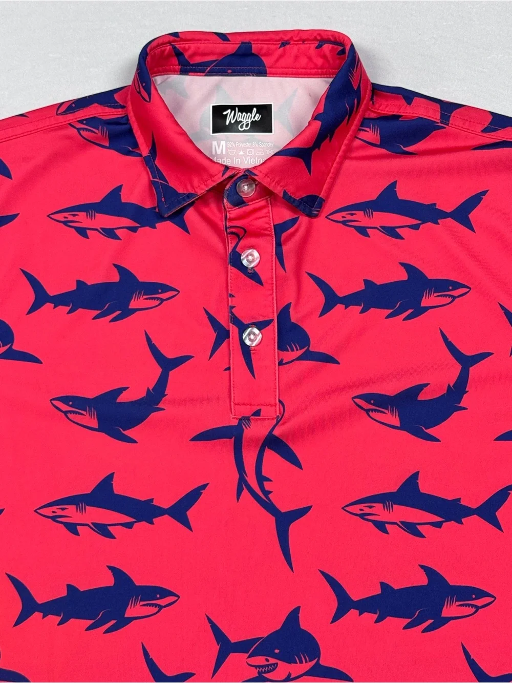 Waggle Men's Medium Red Sharks Polo, Stretch Golf Performance Short Sleeve - Picture 2 of 7
